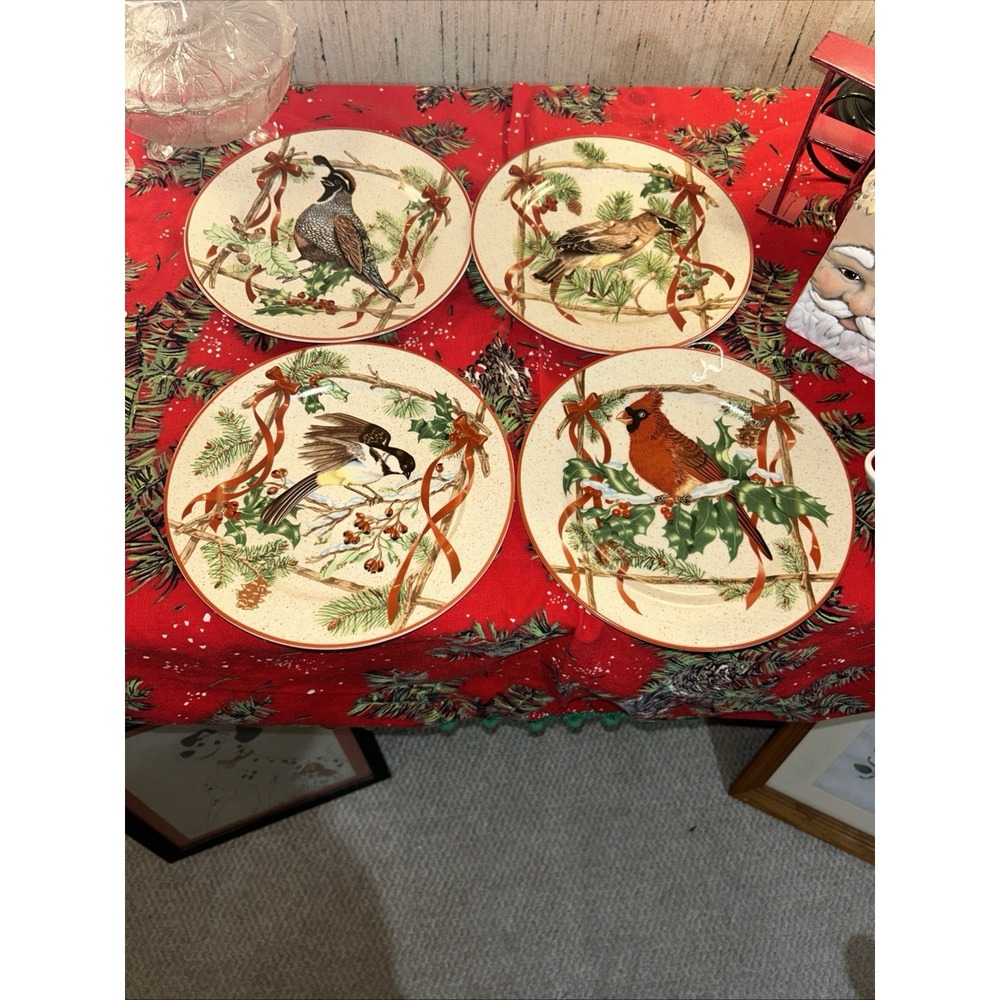 Block Festive Ribbon Set of 4 8" Salad Plates Various Birds and Ribbons 2000